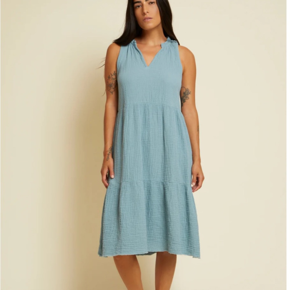 Nation LTD Nadie Tiered Dress Dusty Blue XS Gauze A-Line Boho Midi